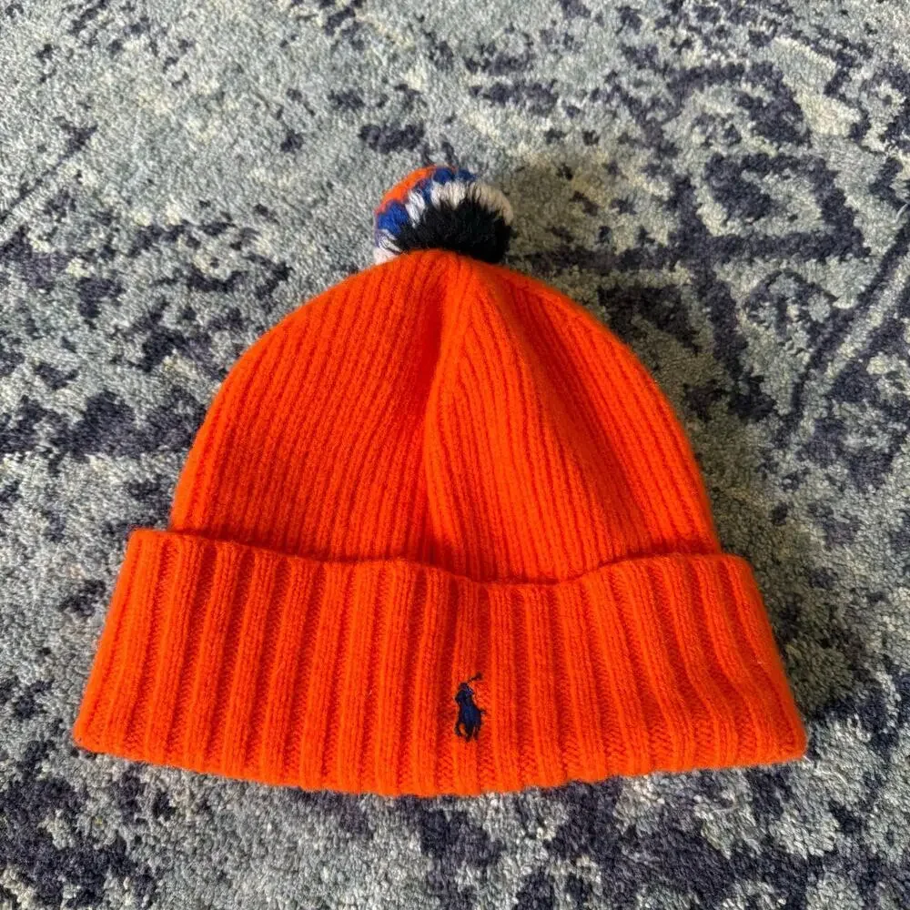 POLO Ralph Lauren Kid’s Wool Vibrant Orange Navy Blue Pony Graphic Pom Pom
